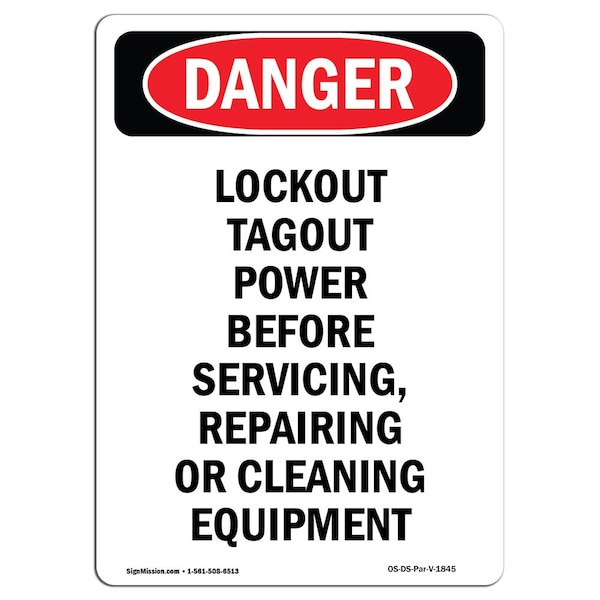 OSHA, Portrait Lockout Tagout Power Before Servicing, 5in X 3.5in Decal, 10PK, V-1845-10PK